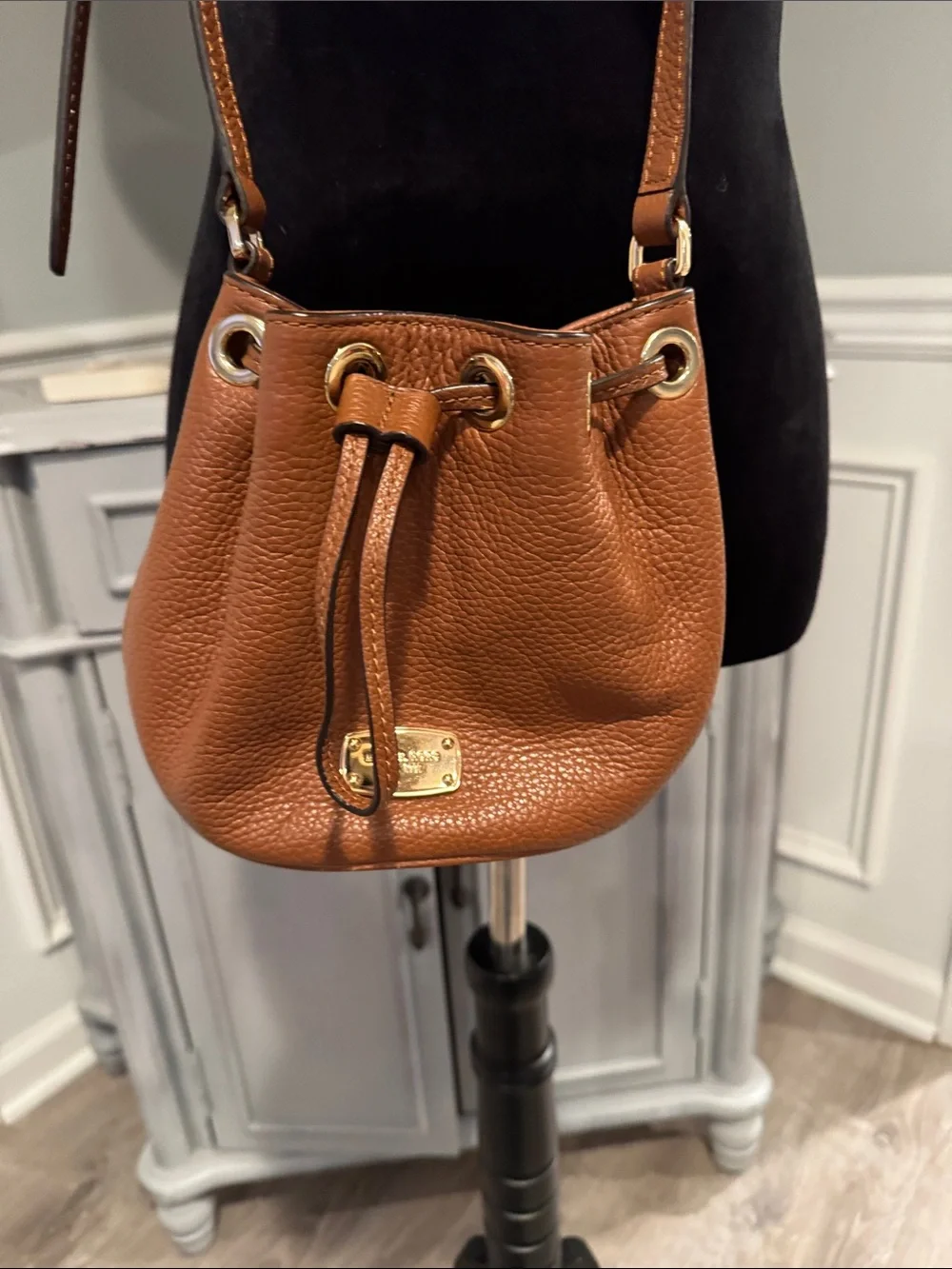 Michael Kors Tan Pebbled Leather Mini Drawstring Bucket Bag
